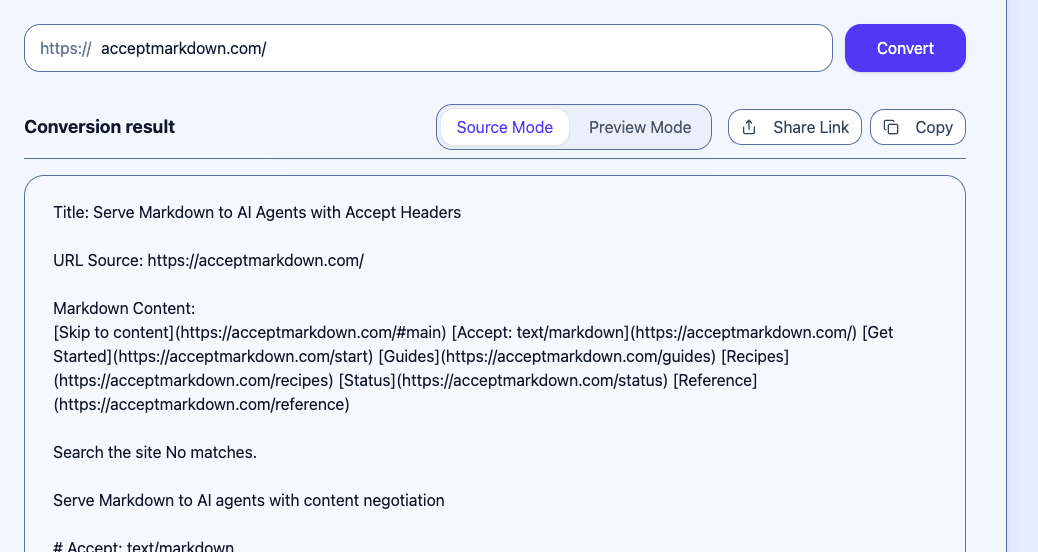 URL to Any's URL to Markdown tool converting the acceptmarkdown.com homepage into Markdown, with Source Mode, Share Link, and Copy controls visible